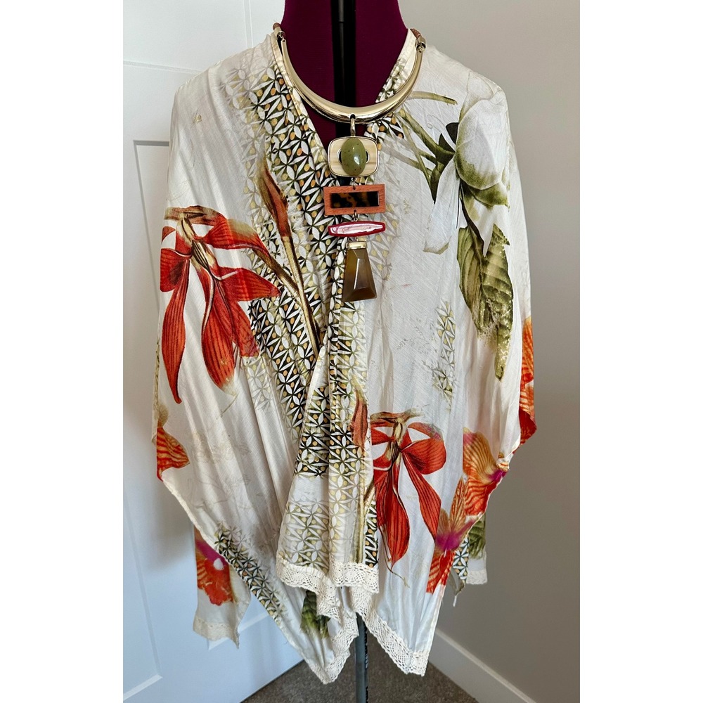 Chico's Floral Crochet Back Kimono & Geometric Statement Necklace Set Bohemian